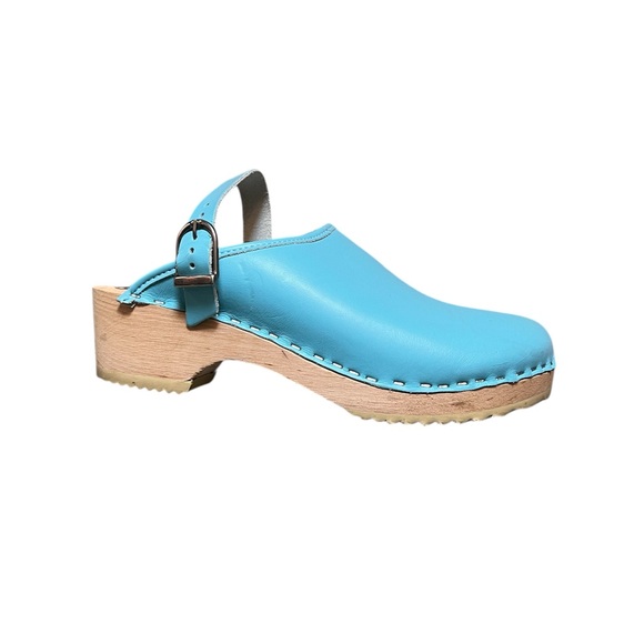 Hanna Anderson Blue Leather Clogs with Wooden Sole - Picture 1 of 10